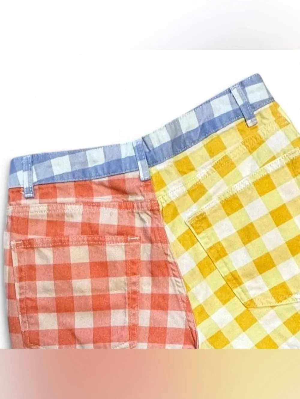 NWT FARM Rio Pastel Gingham Colorblock Denim Shorts - Yellow, Coral & Light Blue